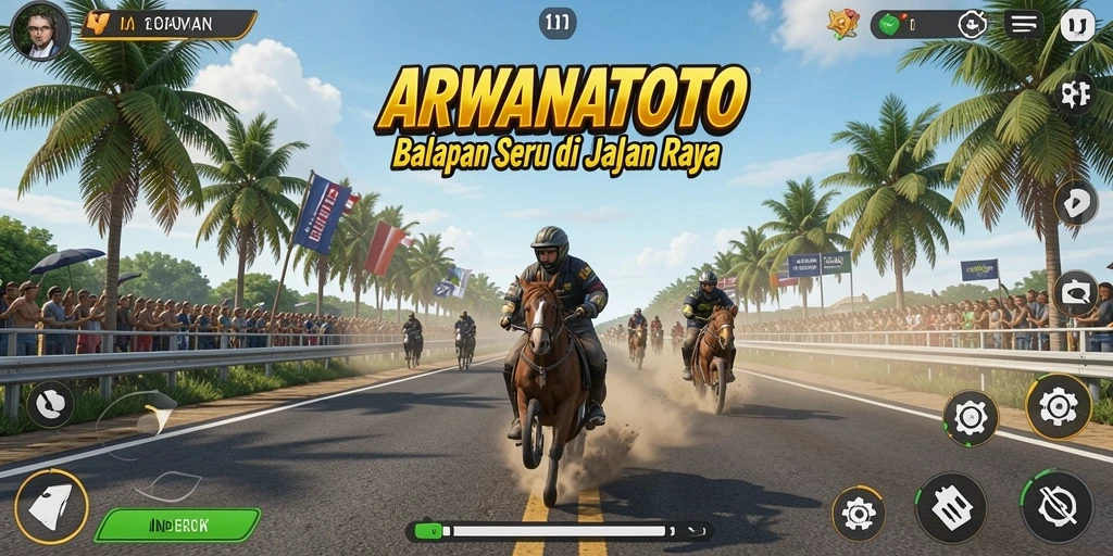 Tampilan gameplay ARWANATOTO saat balapan seru di jalur kota.