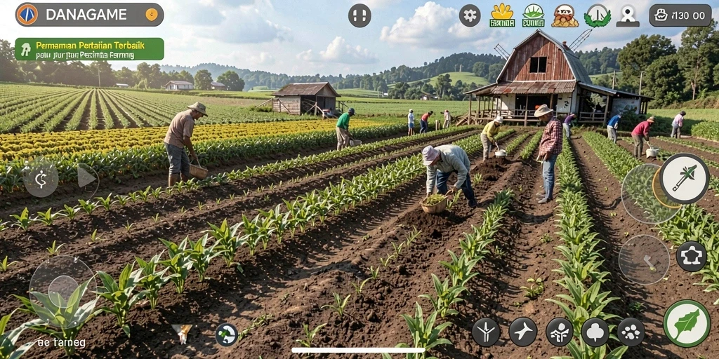 Tangkapan layar gameplay DANAGAME menunjukkan kebun yang subur dan hewan ternak yang aktif.