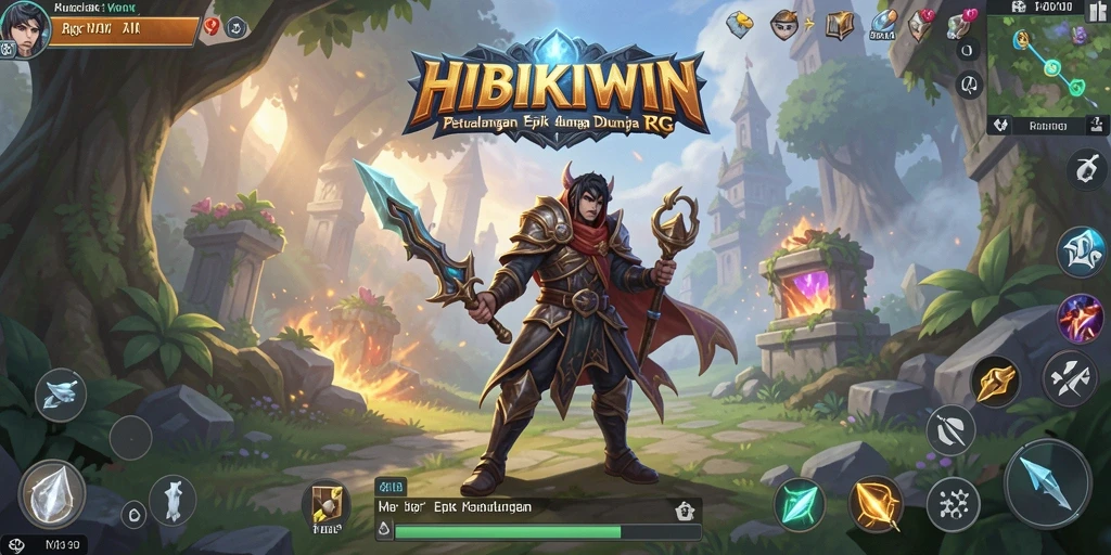 Tampilan screenshot HIBIKIWIN yang menampilkan pertarungan epik dan petualangan RPG.