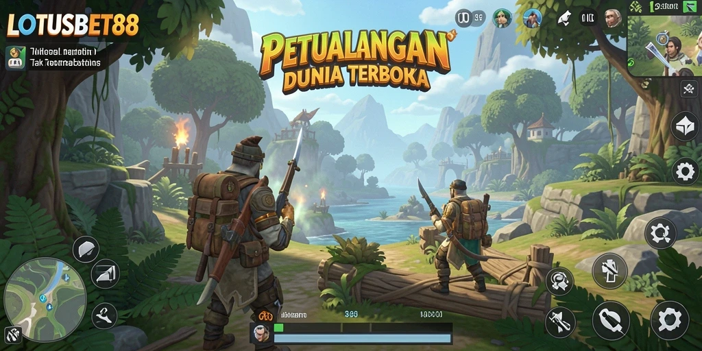 Screenshot gameplay LOTUSBET88 menunjukkan petualangan seru pegunungan terbuka.