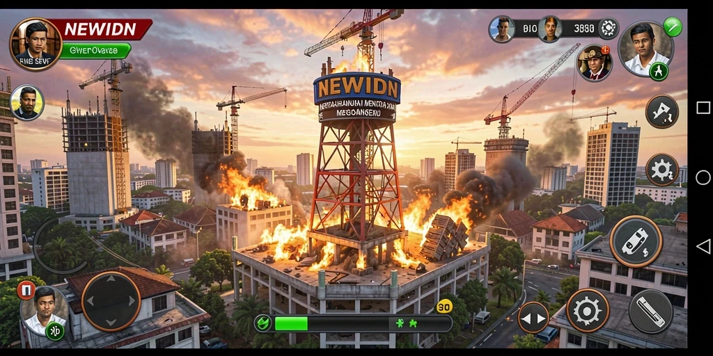Tangkapan layar gameplay seru NEWIDN dengan menara yang beraksi.