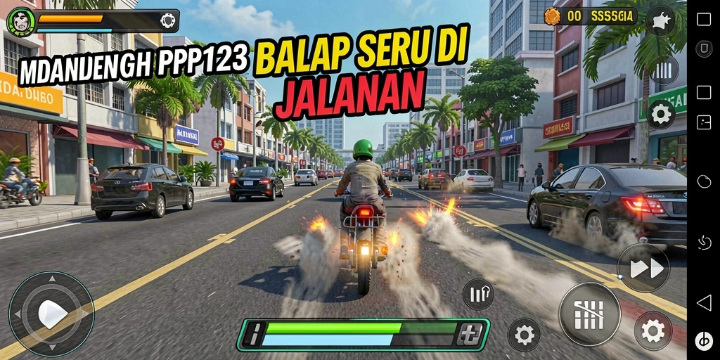 Gameplay seru PP123 dengan mobil balap cepat di trek.