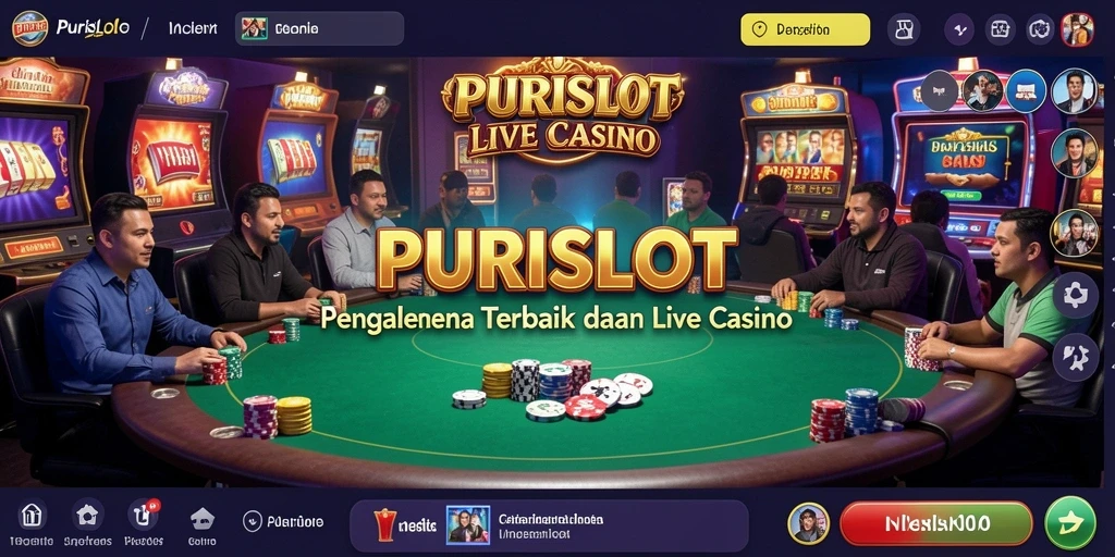 Screenshot gameplay PURISLOT menampilkan dealer langsung dan suasana kasino yang otentik.