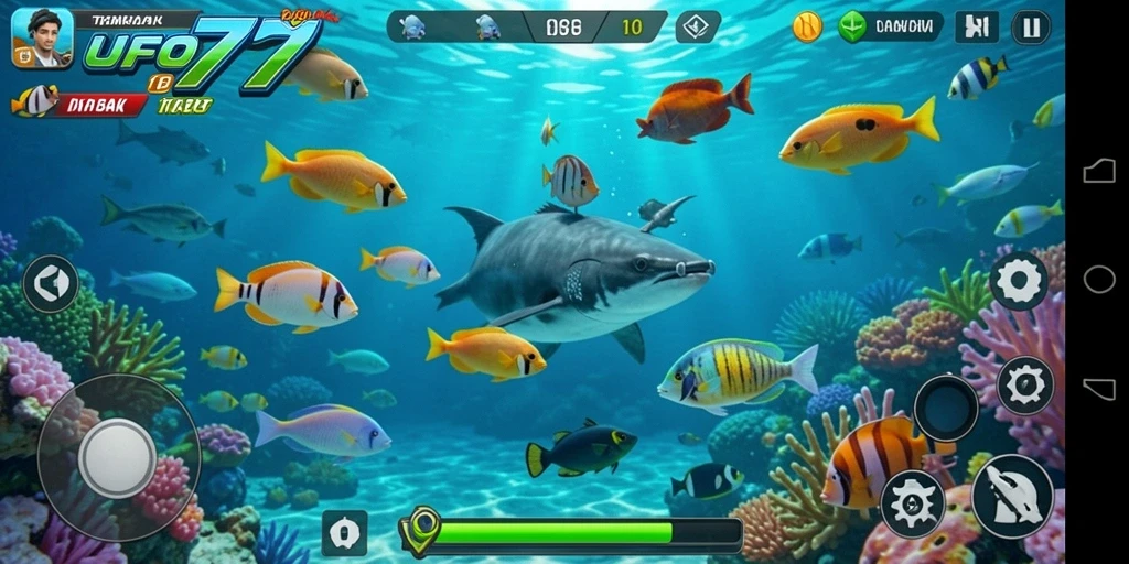 Tampilan gameplay UFO77 yang penuh warna saat menangkap ikan.